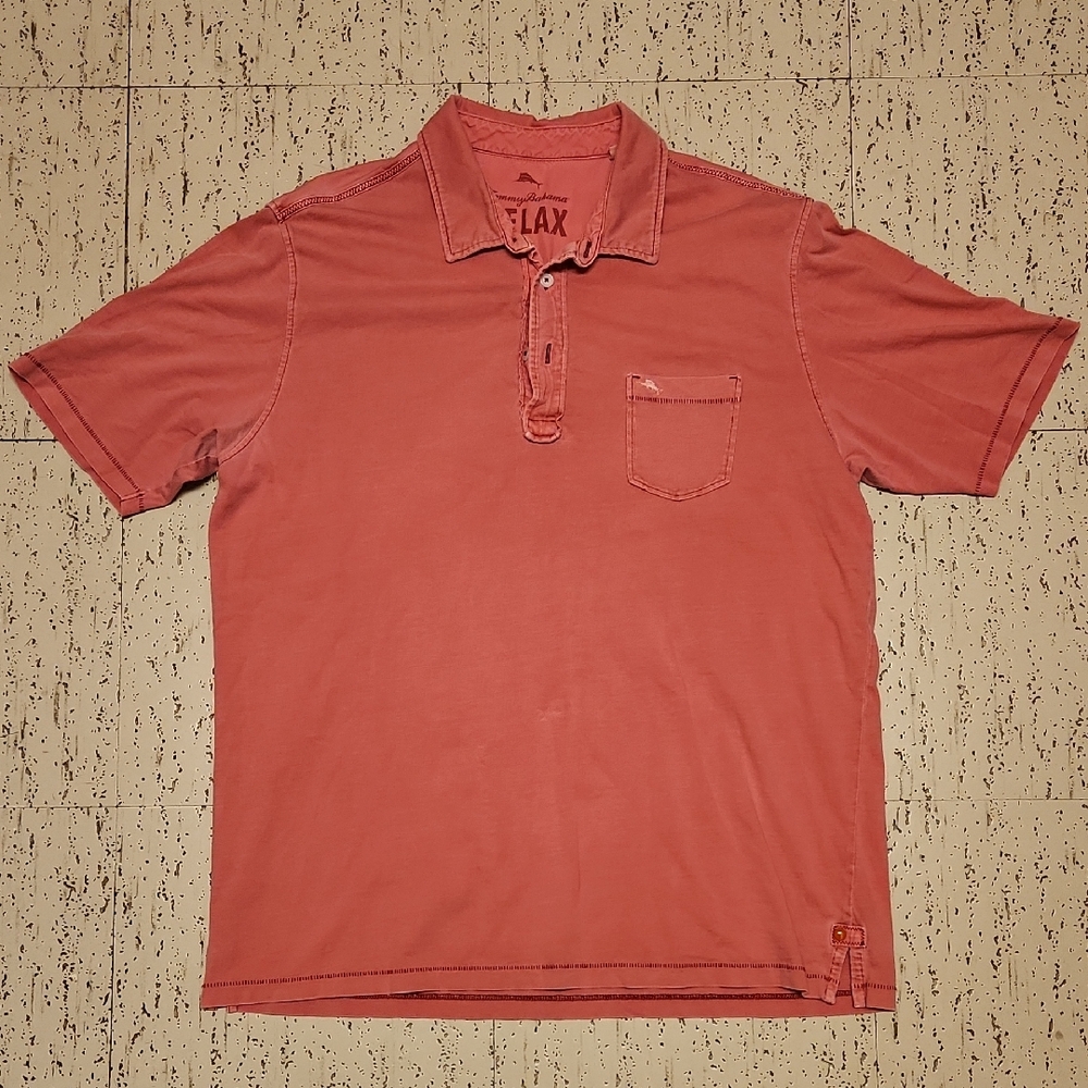 Tommy Bahama Salmon Pink 1/4 Button Down Short Sleeve Polo Casual Dress Shirt